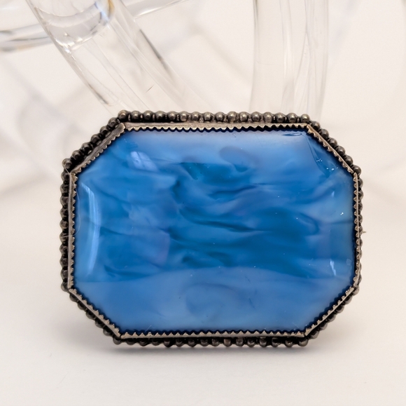 Vintage Jewelry - Vintage Marbled Blue Art Glass Cabochon Brooch Simple Silver Tone Setting Czech?